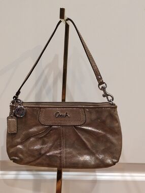 Coach Ashley Metallic Gold Bronze Leather Wristlet Clutch Tight Shoulder Purse